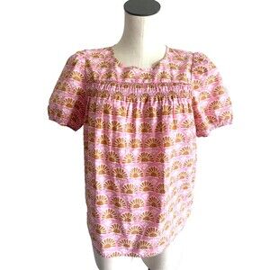 J Crew Smocked Pink Orange Floral Print Puff Sleeve Top Blouse Preppy